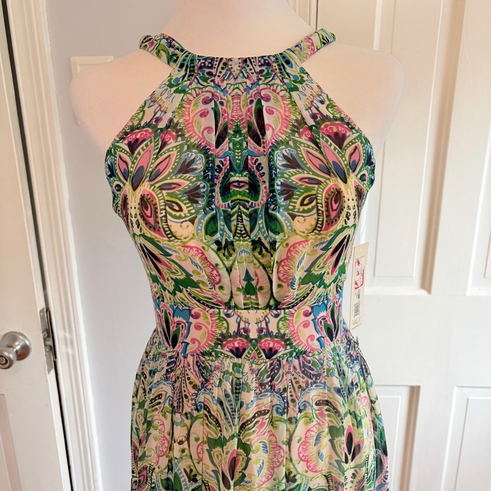 Eliza J Women 0P Maxi Dress Multicolor Paisley Halter Neck Tiered Chiffon NWT - Picture 2 of 8